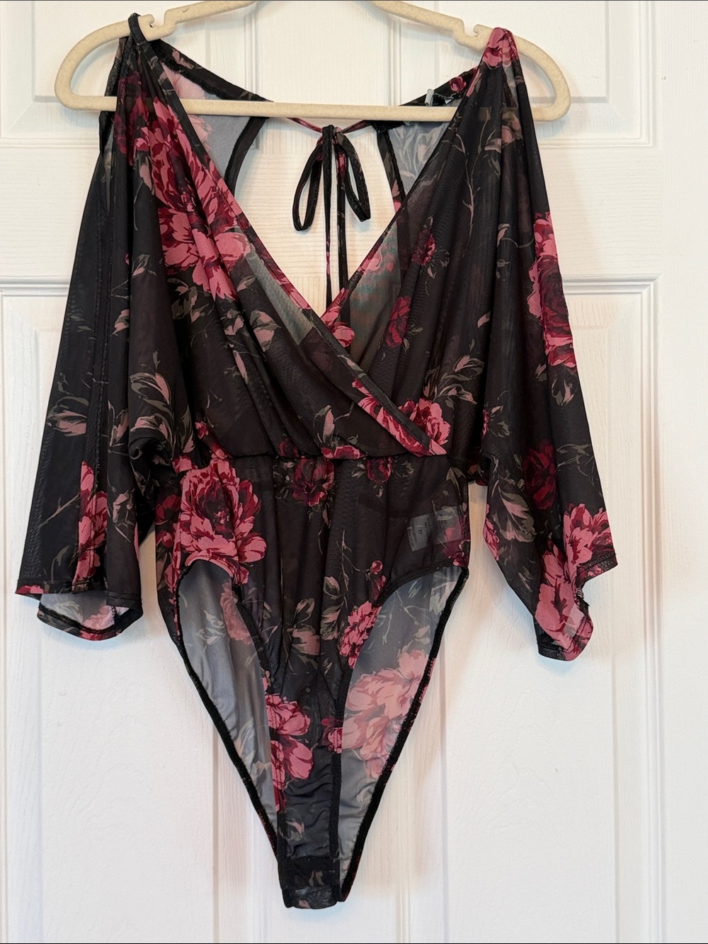 Charlotte Russe Black Floral Surplice Tie-Back Mesh Bodysuit. Medium